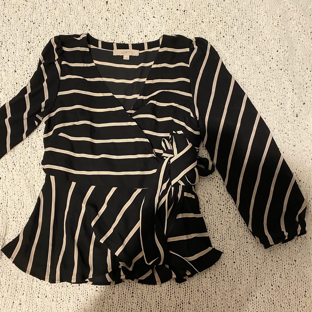 Black tan and white wrap blouse